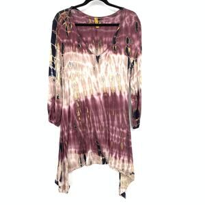 Pure Intent Sharkbite Hem V-Neck Tunic Top Womens Size M/L Purple Pink Tie Dye